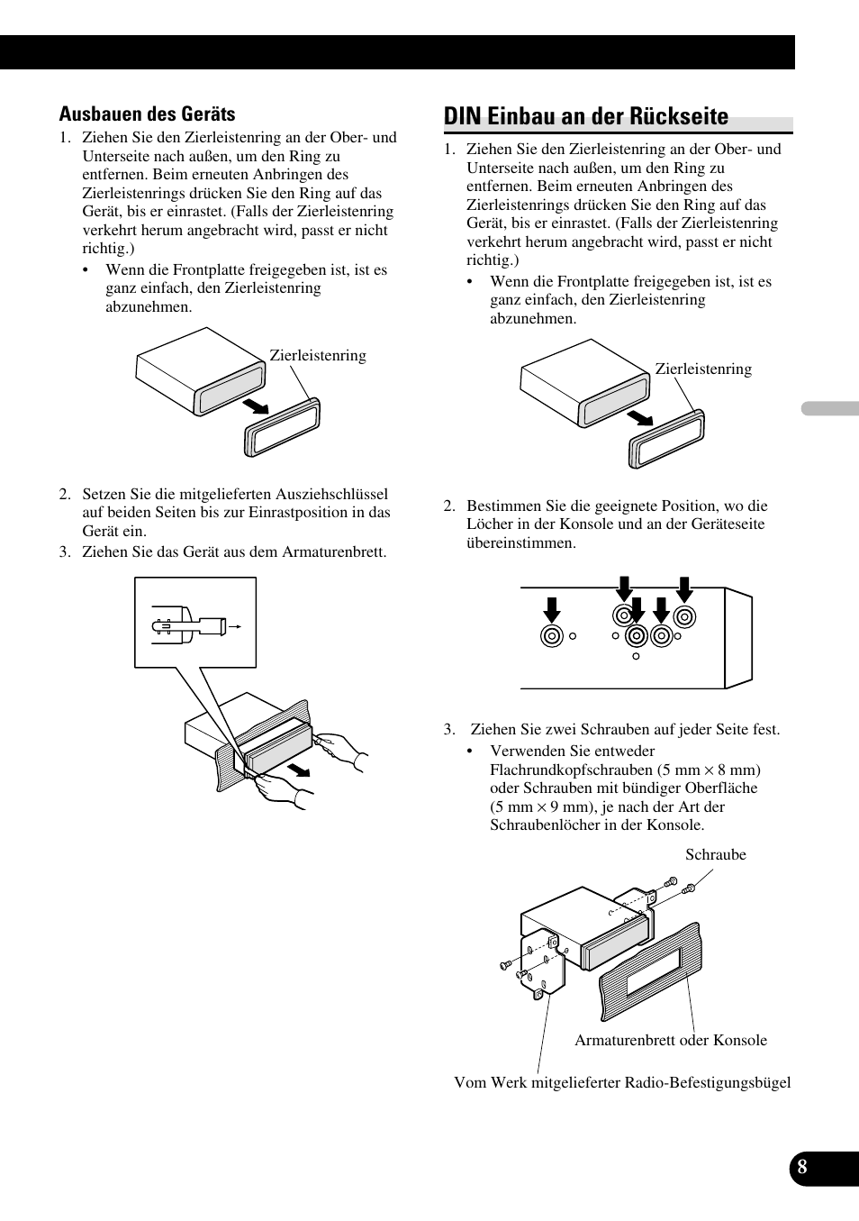 Din einbau an der rückseite | Pioneer DEH-P85BT User Manual | Page 29 / 72