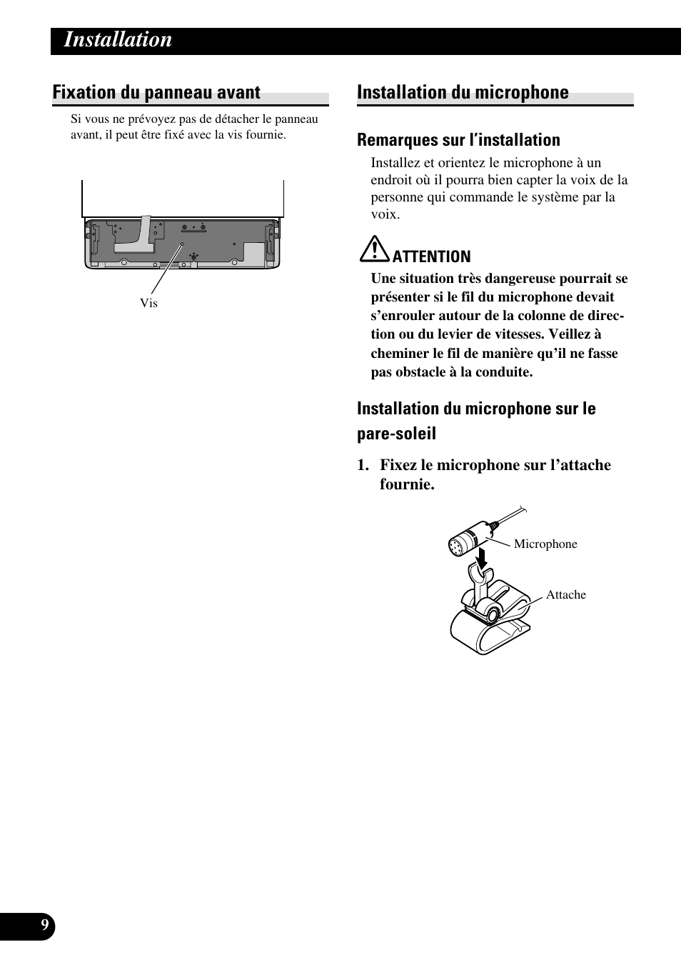 Installation, Fixation du panneau avant, Installation du microphone | Pioneer DEH-P85BT User Manual | Page 40 / 72