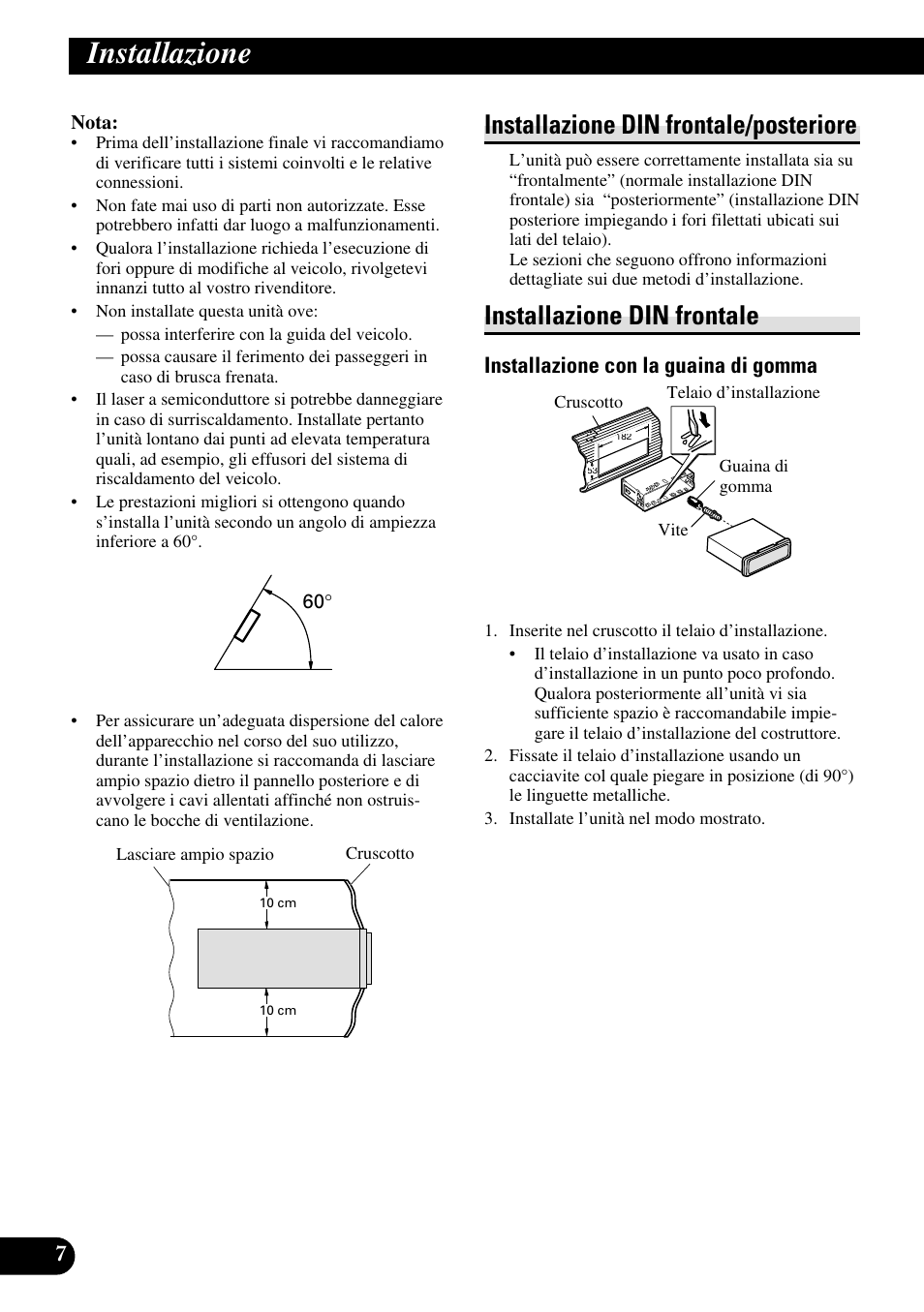 Installazione, Installazione din frontale/posteriore, Installazione din frontale | Installazione con la guaina di gomma | Pioneer DEH-P85BT User Manual | Page 48 / 72