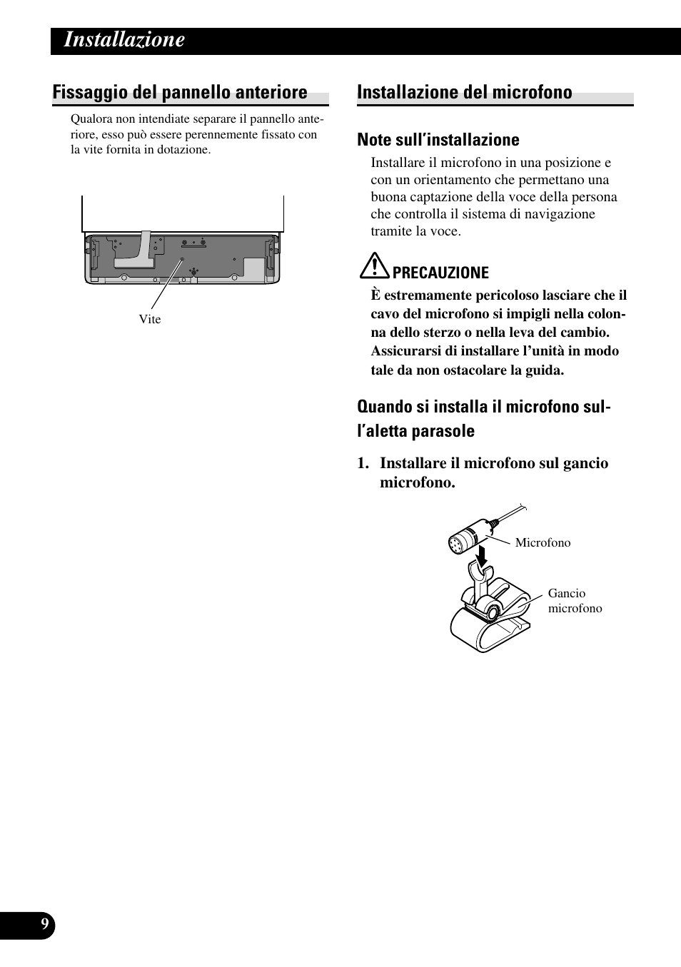 Installazione, Fissaggio del pannello anteriore, Installazione del microfono | Pioneer DEH-P85BT User Manual | Page 50 / 72