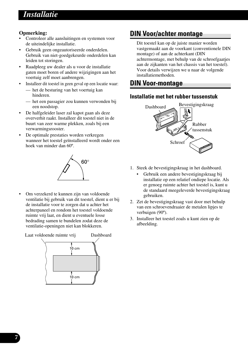 Installatie, Din voor/achter montage din voor-montage, Din voor/achter montage | Din voor-montage, Installatie met het rubber tussenstuk | Pioneer DEH-P85BT User Manual | Page 58 / 72