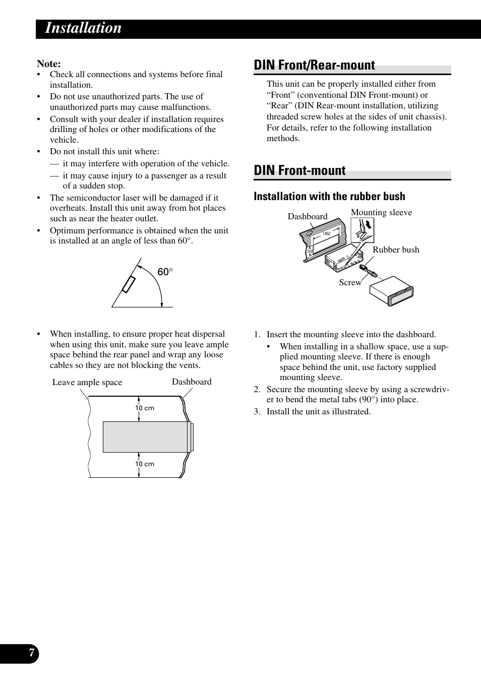 Installation, Din front/rear-mount din front-mount, Din front/rear-mount | Din front-mount, Installation with the rubber bush | Pioneer DEH-P85BT User Manual | Page 8 / 72