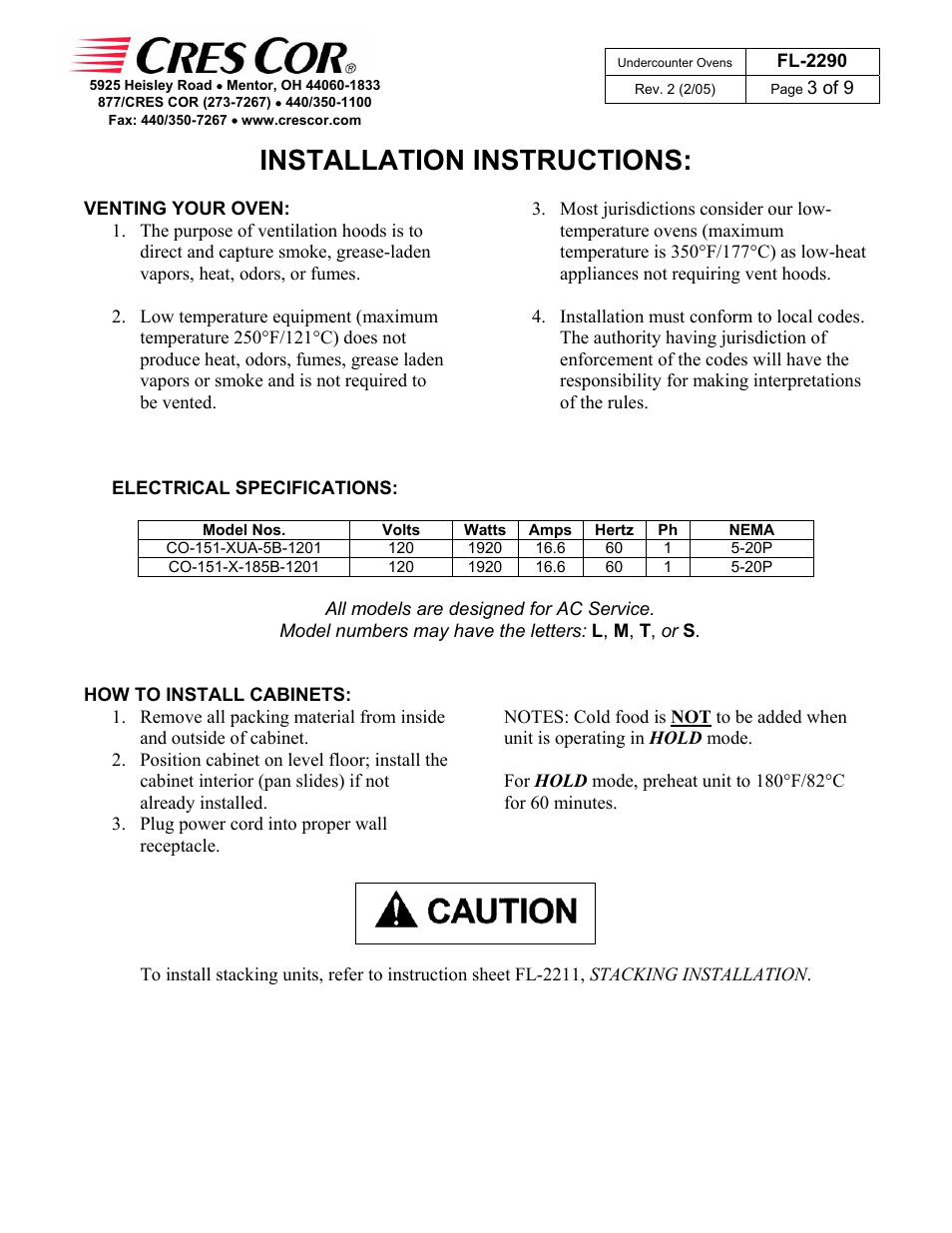 Installation instructions | Cres Cor CO151X185B User Manual | Page 3 / 9