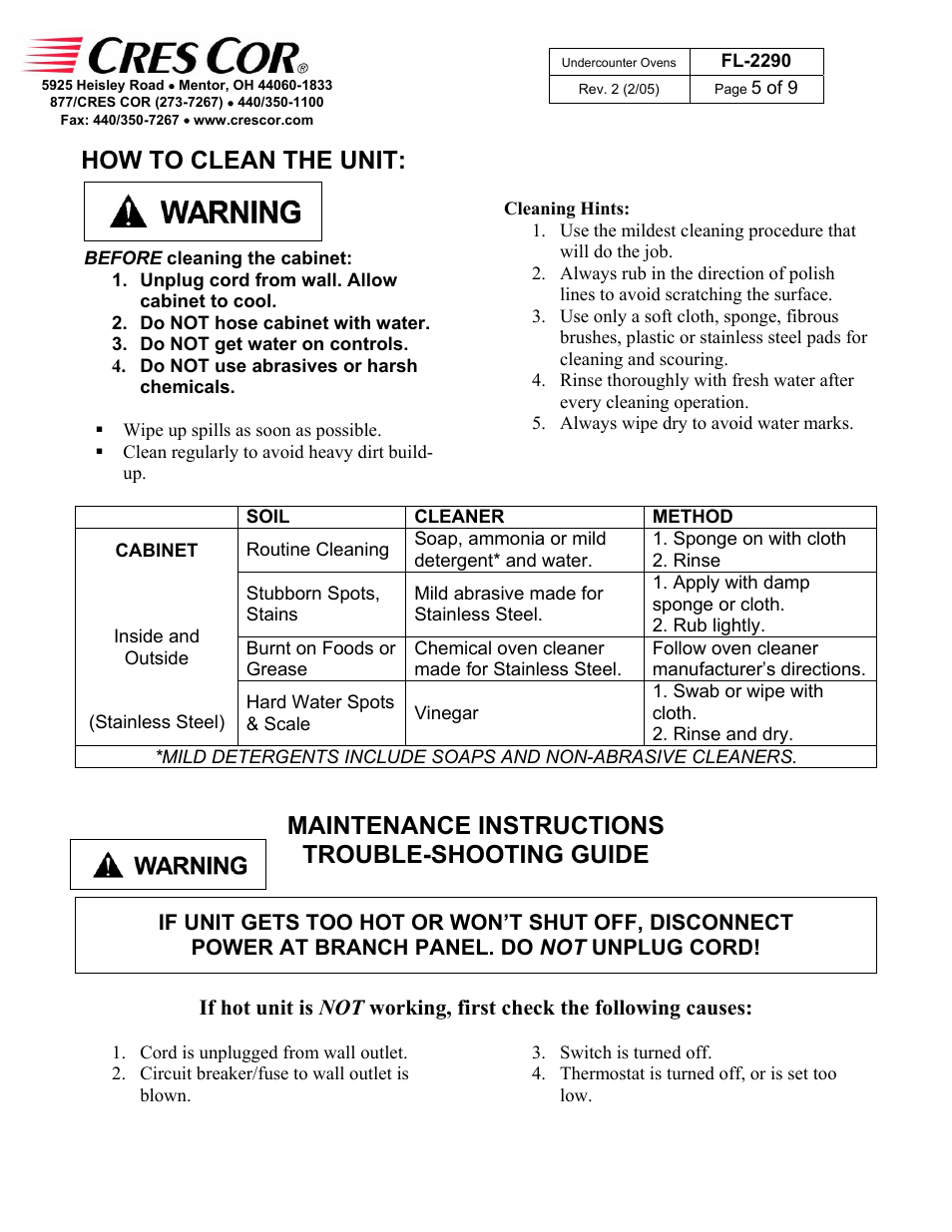 Maintenance instructions trouble-shooting guide, How to clean the unit | Cres Cor CO151X185B User Manual | Page 5 / 9