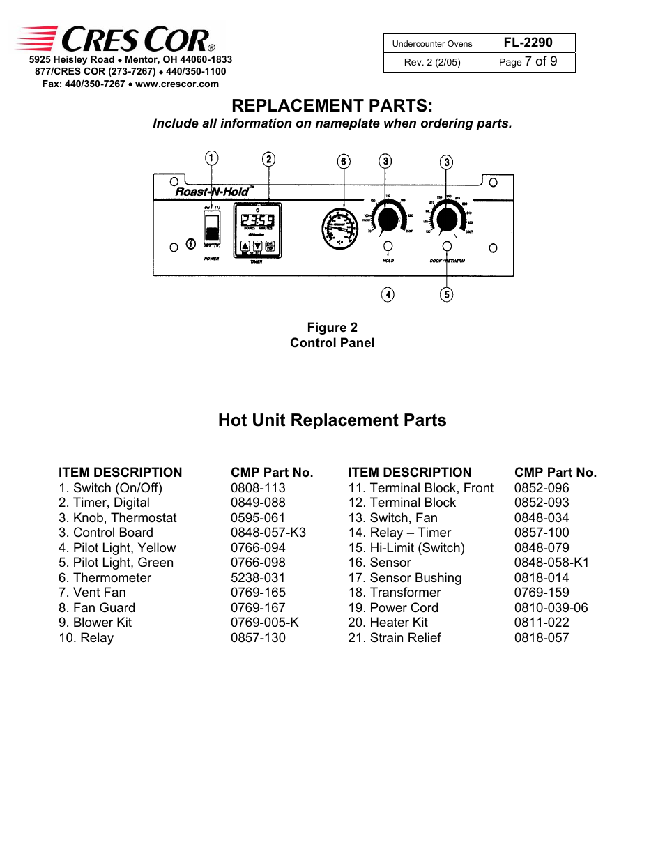 Replacement parts, Hot unit replacement parts | Cres Cor CO151X185B User Manual | Page 7 / 9