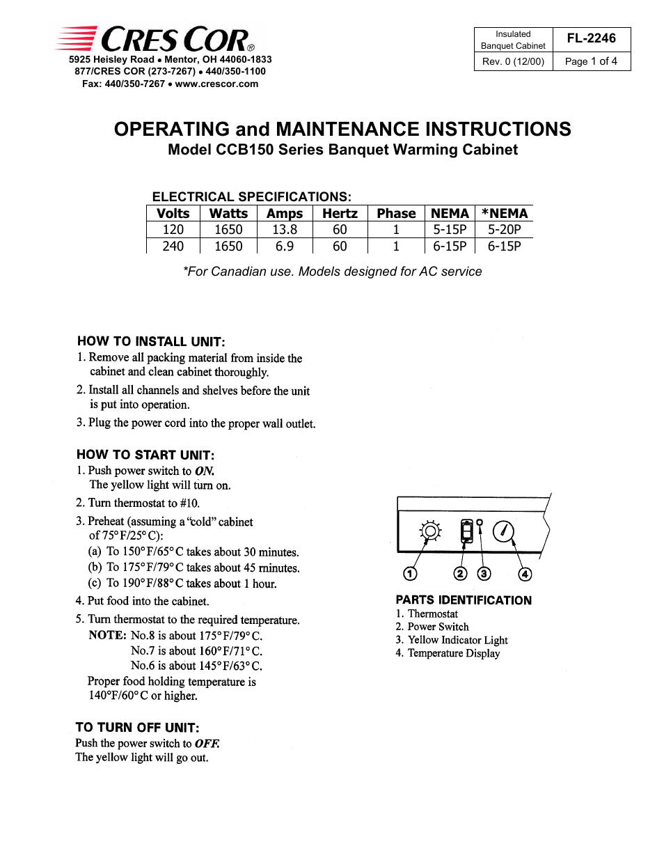 Cres Cor Banquet Warming Cabinet CCB150 Series User Manual | 4 pages