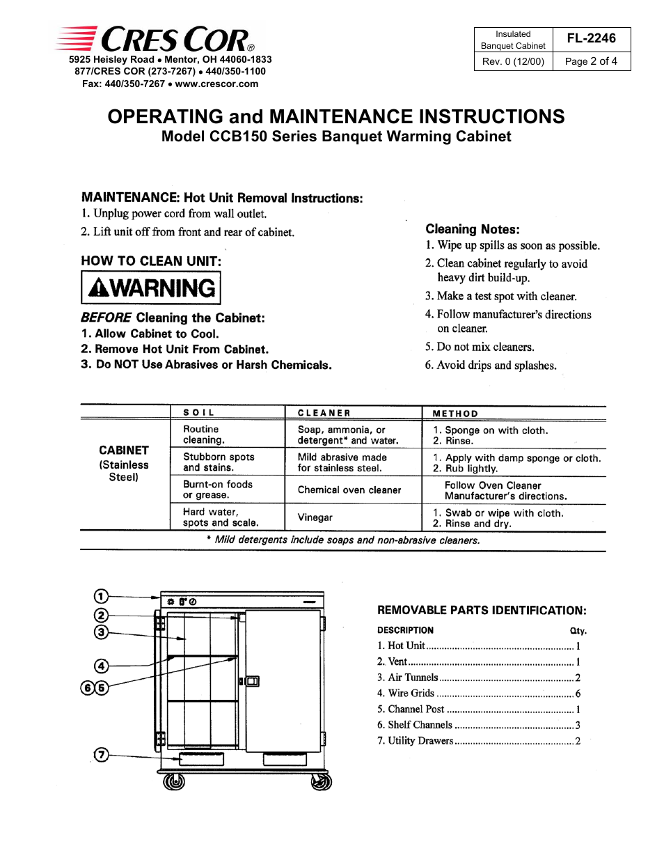 Operating and maintenance instructions, Model ccb150 series banquet warming cabinet | Cres Cor Banquet Warming Cabinet CCB150 Series User Manual | Page 2 / 4