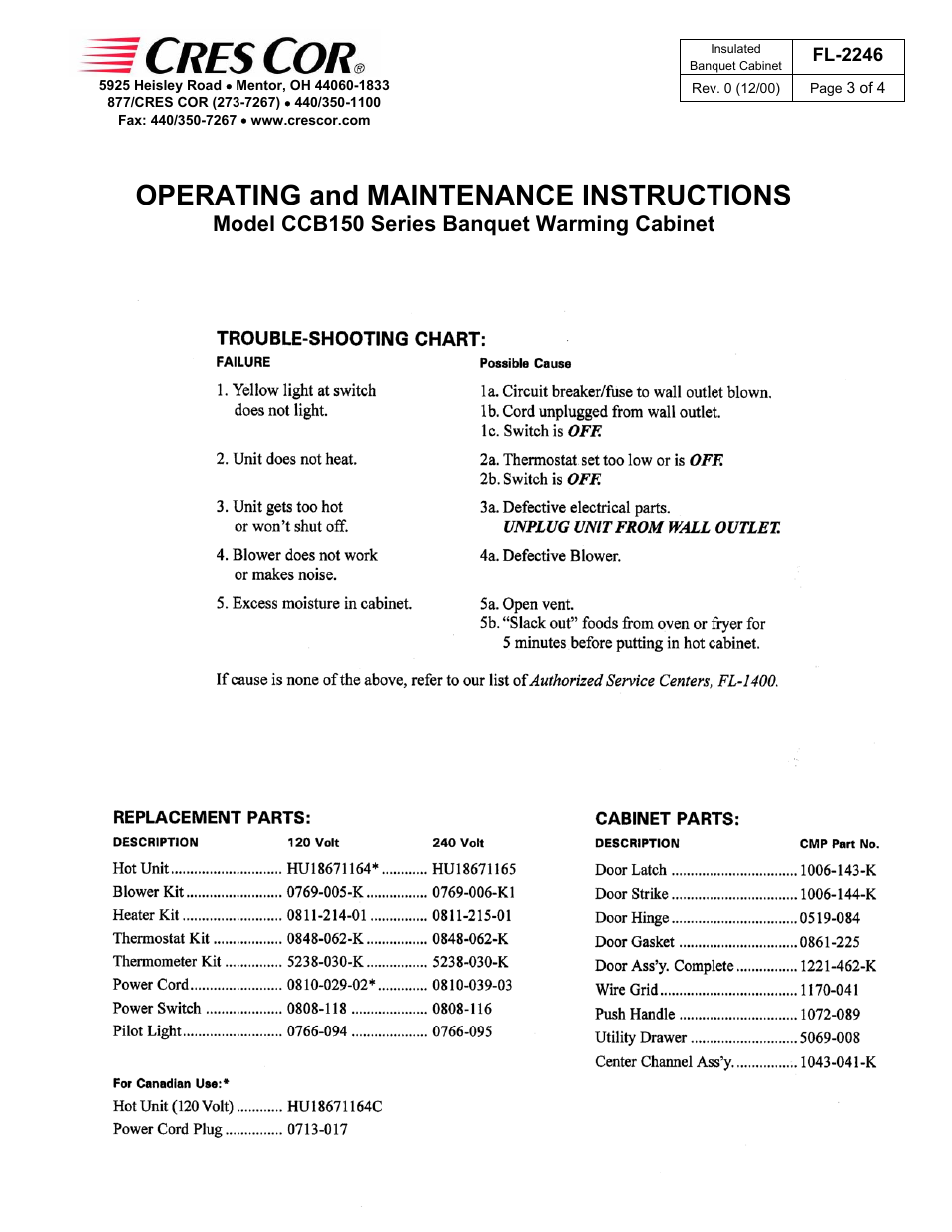 Operating and maintenance instructions, Model ccb150 series banquet warming cabinet | Cres Cor Banquet Warming Cabinet CCB150 Series User Manual | Page 3 / 4