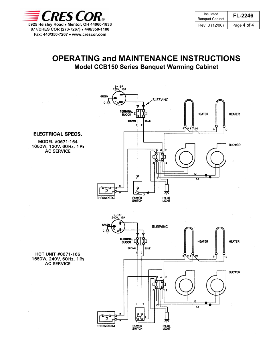 Operating and maintenance instructions, Model ccb150 series banquet warming cabinet | Cres Cor Banquet Warming Cabinet CCB150 Series User Manual | Page 4 / 4
