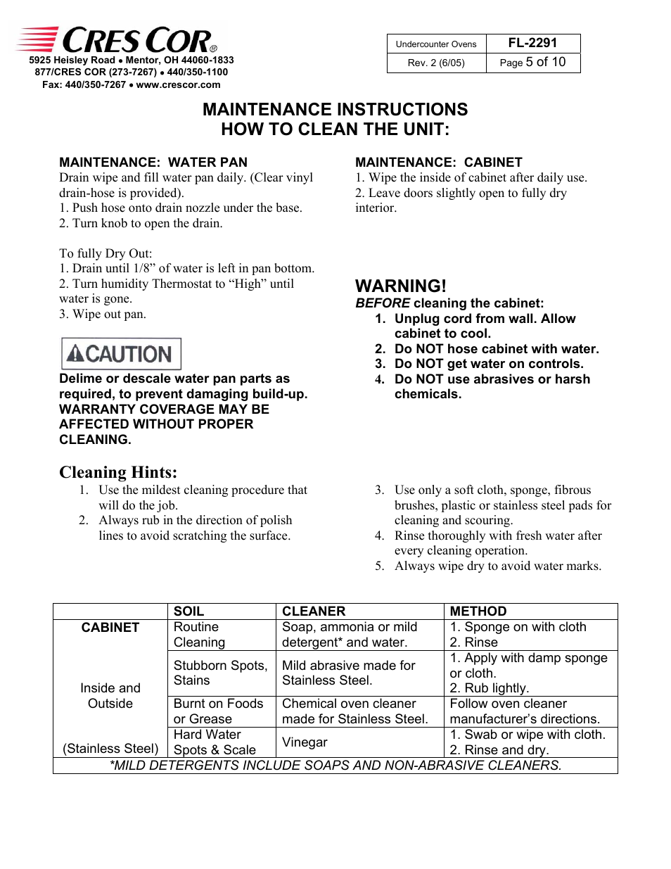 Maintenance instructions how to clean the unit, Warning, Cleaning hints | Cres Cor CO151XWUA5B User Manual | Page 5 / 10