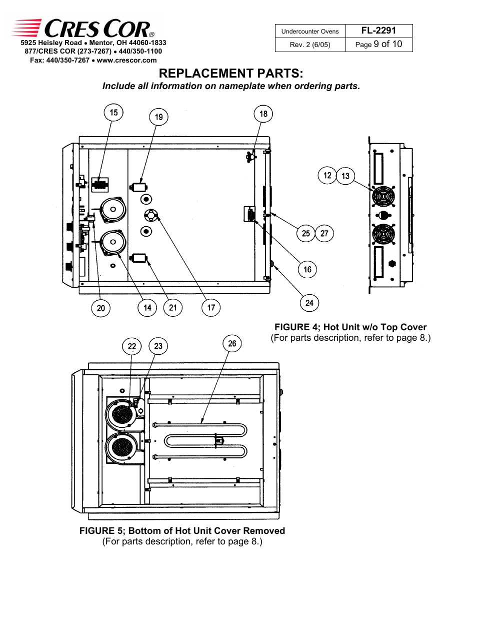 Replacement parts | Cres Cor CO151XWUA5B User Manual | Page 9 / 10