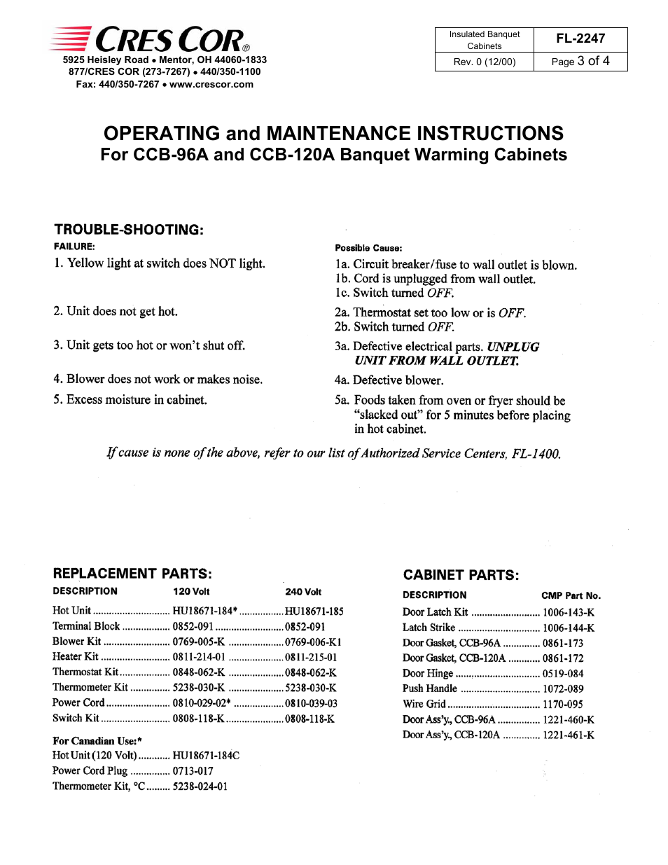Operating and maintenance instructions | Cres Cor CCB-96A User Manual | Page 3 / 4