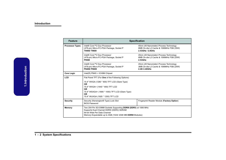 System specifications, System specifications -2, Introduction | Clevo M860TU User Manual | Page 14 / 100