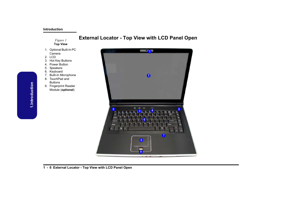 External locator - top view with lcd panel open, External locator - top view with lcd panel open -6 | Clevo M860TU User Manual | Page 18 / 100