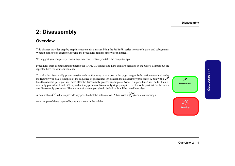 Disassembly, Overview, Disassembly -1 | Overview -1 | Clevo M860TU User Manual | Page 27 / 100