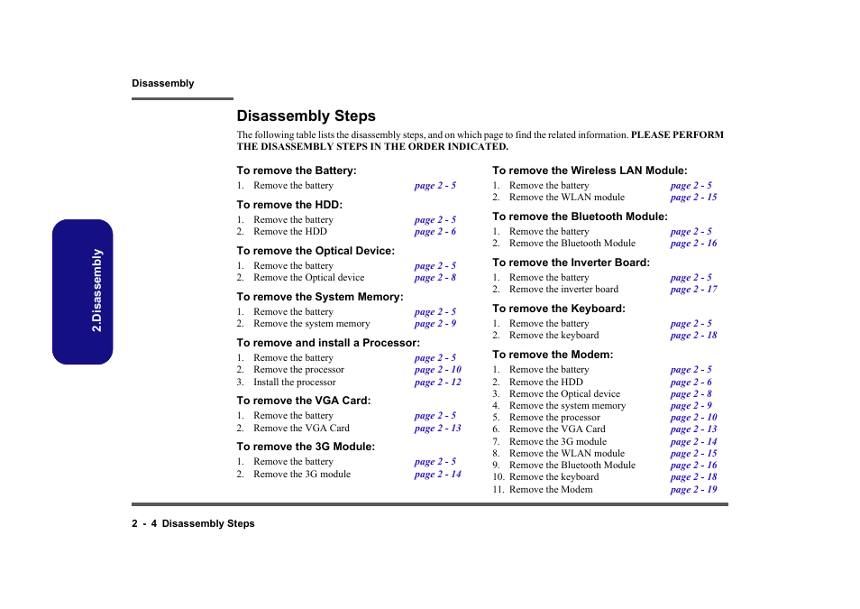 Disassembly steps, To remove the battery, To remove the hdd | To remove the optical device, To remove the system memory, To remove and install a processor, To remove the vga card, To remove the 3g module, To remove the wireless lan module, To remove the bluetooth module | Clevo M860TU User Manual | Page 30 / 100