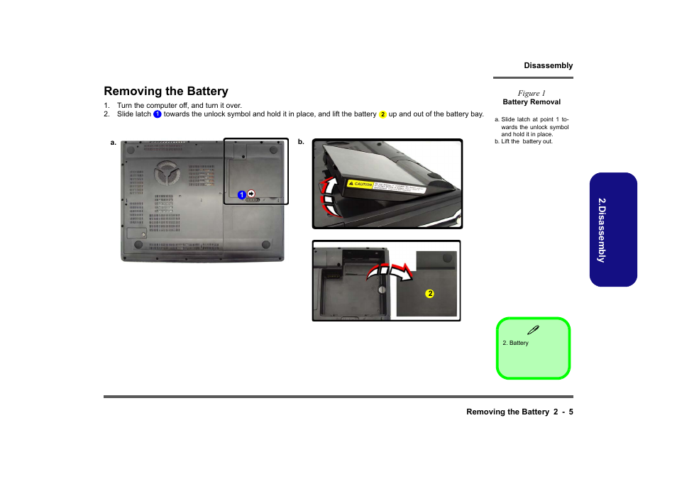 Removing the battery, Removing the battery -5 | Clevo M860TU User Manual | Page 31 / 100