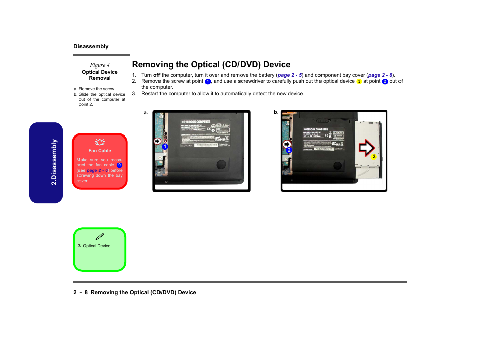 Removing the optical (cd/dvd) device, Removing the optical (cd/dvd) device -8 | Clevo M860TU User Manual | Page 34 / 100