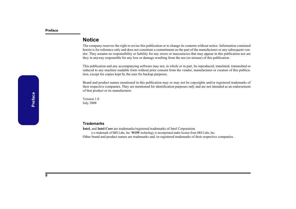 Preface, Trademarks, Notice | Clevo M860TU User Manual | Page 4 / 100