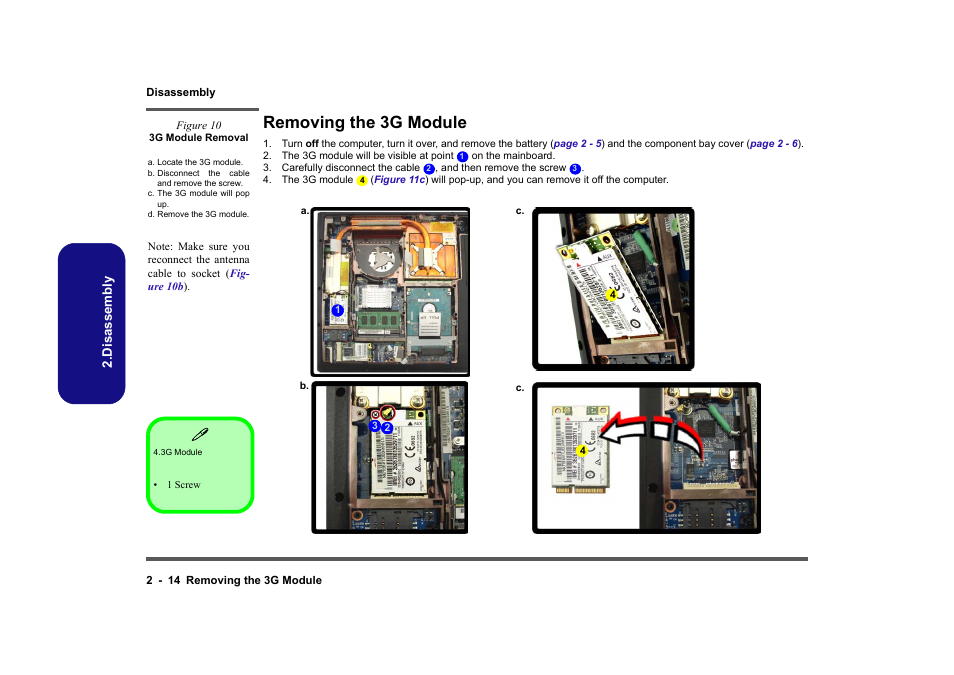 Removing the 3g module, Removing the 3g module -14 | Clevo M860TU User Manual | Page 40 / 100