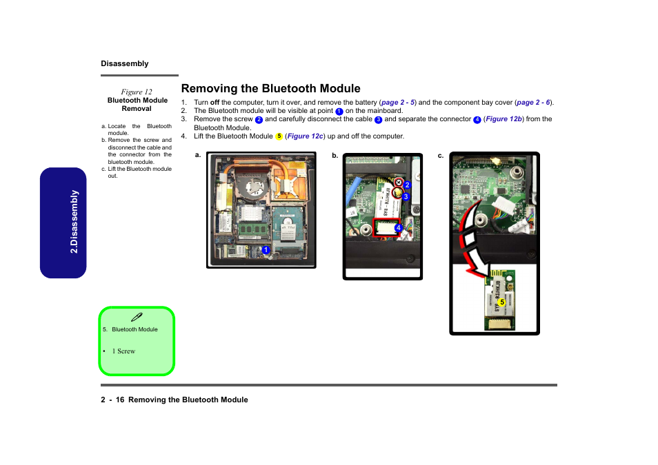 Removing the bluetooth module, Removing the bluetooth module -16 | Clevo M860TU User Manual | Page 42 / 100