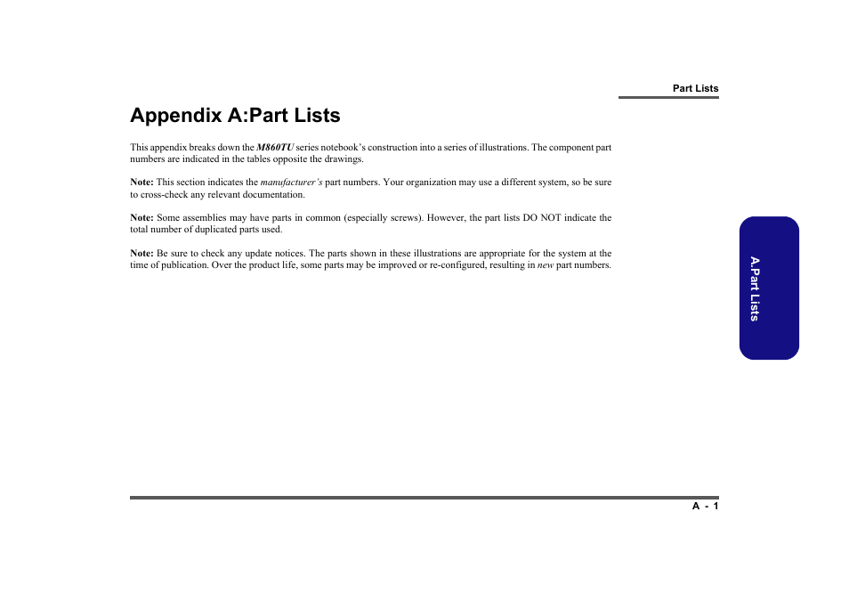 Appendix a: part lists, Appendix a:part lists | Clevo M860TU User Manual | Page 47 / 100