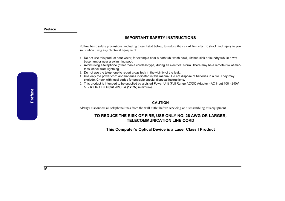 Important safety instructions, Caution | Clevo M860TU User Manual | Page 6 / 100