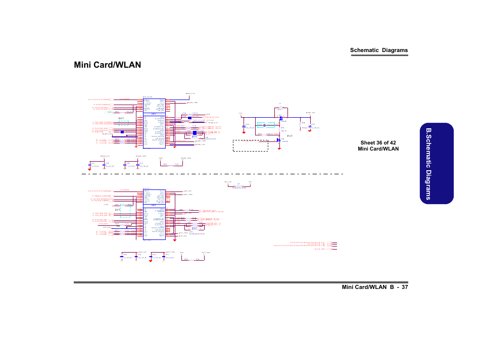 Mini card/wlan, Sheet 36 of 42 mini card/wlan, B.schematic diagrams | Schematic diagrams mini card/wlan b - 37, M ini -p ci e car d, W la n po we r, Mi ni -p cie c ar d | Clevo M860TU User Manual | Page 93 / 100