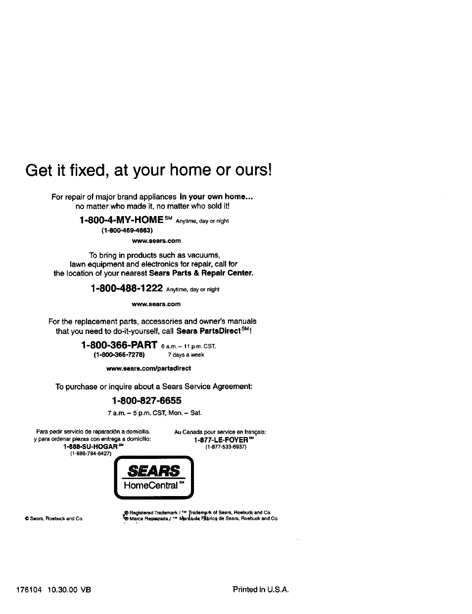 Get it fixed, at your home or ours, Sears | Craftsman 917.388731 User Manual | Page 25 / 25
