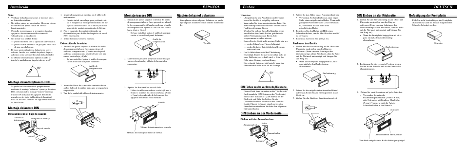 Einbau deutsch, Instalación español, Din einbau an der rückseite | Befestigung der frontplatte, Din einbau an der vorderseite/rückseite, Din einbau an der vorderseite, Montaje trasero din, Fijación del panel delantero, Montaje delantero/trasero din, Montaje delantero din | Pioneer DEH-1920R User Manual | Page 2 / 8