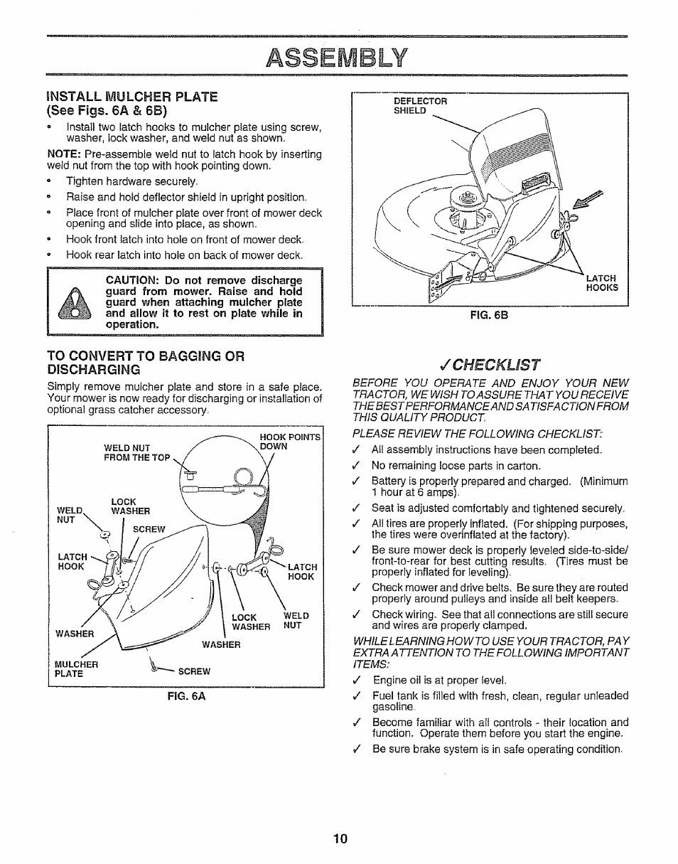 Install mulcher plate, See figs. 6a st 6b), To convert to baoging or discharging | Assembly, Checklist | Craftsman 917.252560 User Manual | Page 10 / 56