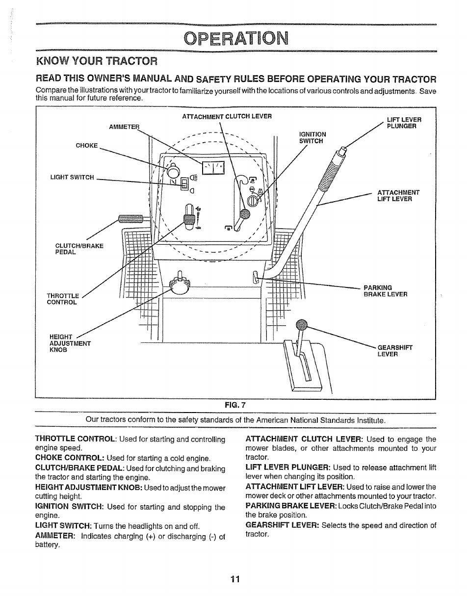 Know your tractor, Operation, Know your | Craftsman 917.252560 User Manual | Page 11 / 56