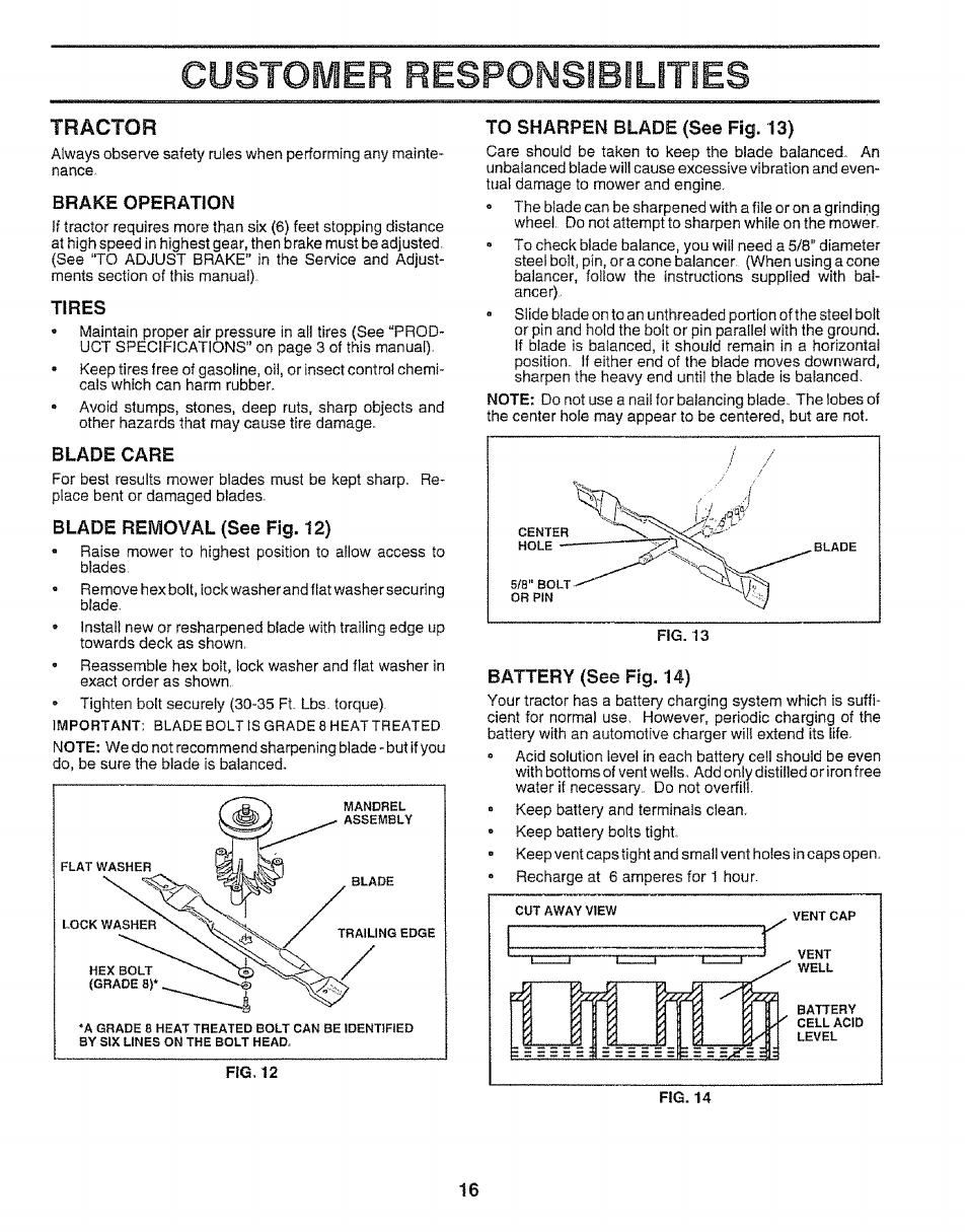 Tractor, Brake operation, Tires | Blade care, Blade removal (see fig. 12), To sharpen blade (see fig. 13), Battery (see fig. 14), Customer responsibilities | Craftsman 917.252560 User Manual | Page 16 / 56