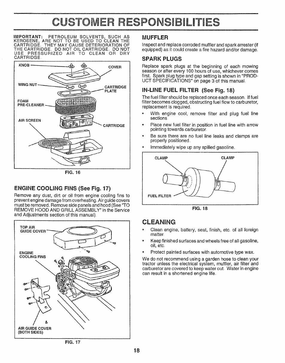 Engine cooling fins (see fig. 17), Muffler, Spark plugs | In-line fuel filter (see fig. 18, Cleaning, Customer responsibilities | Craftsman 917.252560 User Manual | Page 18 / 56
