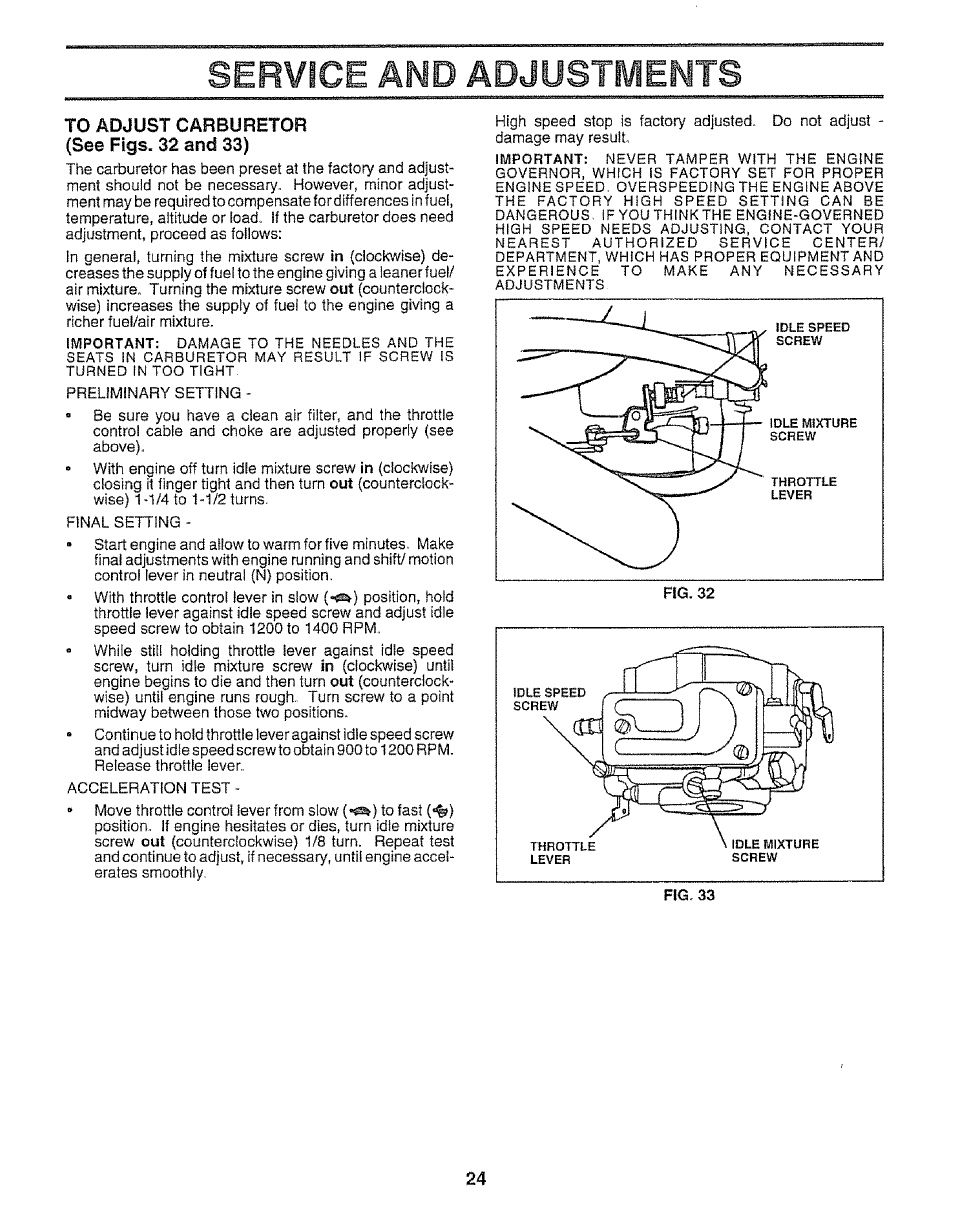 To adjust carburetor (see figs. 32 and 33), Service and adjustments | Craftsman 917.252560 User Manual | Page 24 / 56