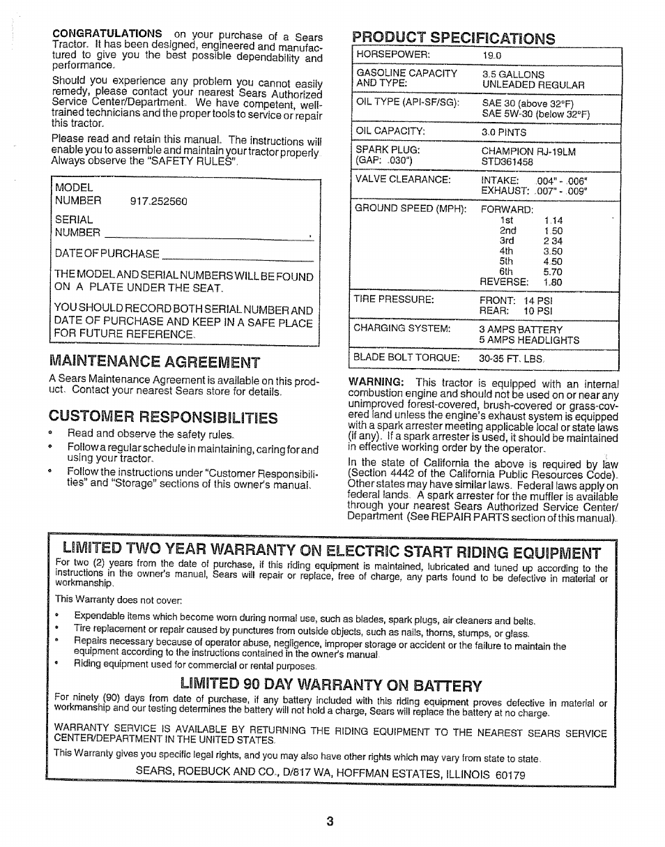 Maintenance agreement, Customer responsibilities, Limited 90 day warranty on battery | Flirt, Product sipecificatioisjs | Craftsman 917.252560 User Manual | Page 3 / 56
