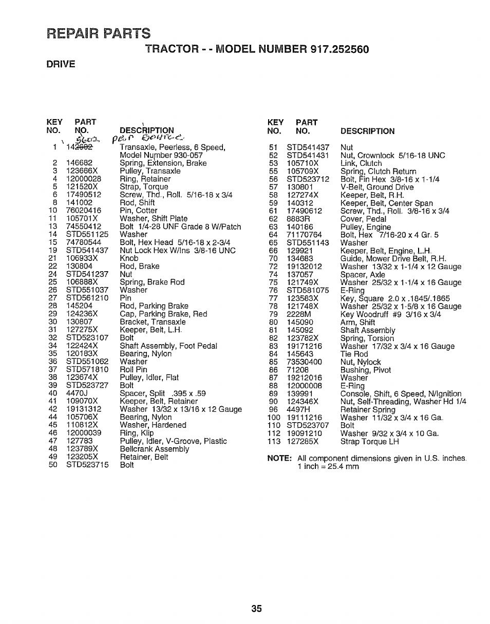 Drive, Repair parts | Craftsman 917.252560 User Manual | Page 35 / 56