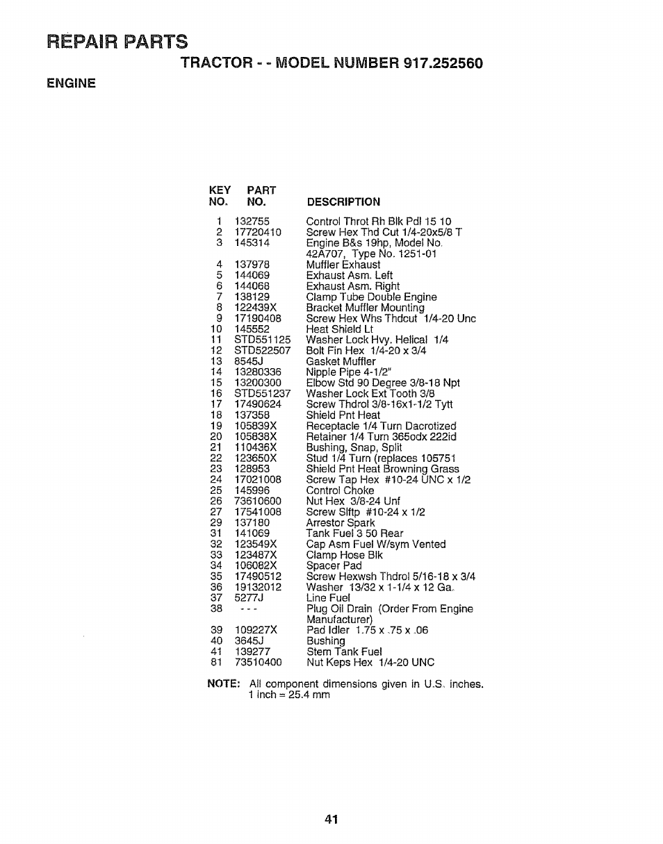 Engine, Repair parts | Craftsman 917.252560 User Manual | Page 41 / 56