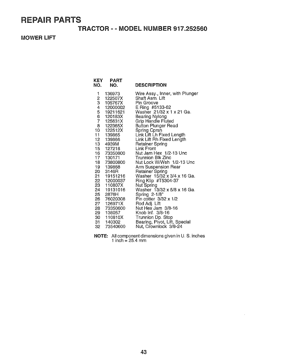 Repair parts | Craftsman 917.252560 User Manual | Page 43 / 56