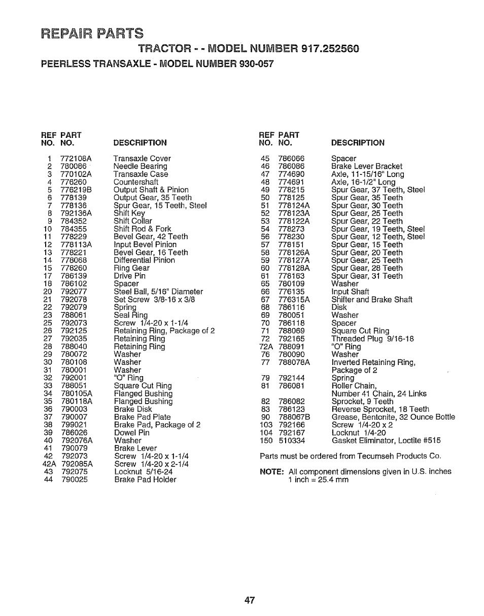 Repair parts | Craftsman 917.252560 User Manual | Page 47 / 56