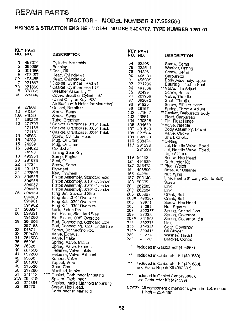 Repair parts | Craftsman 917.252560 User Manual | Page 52 / 56