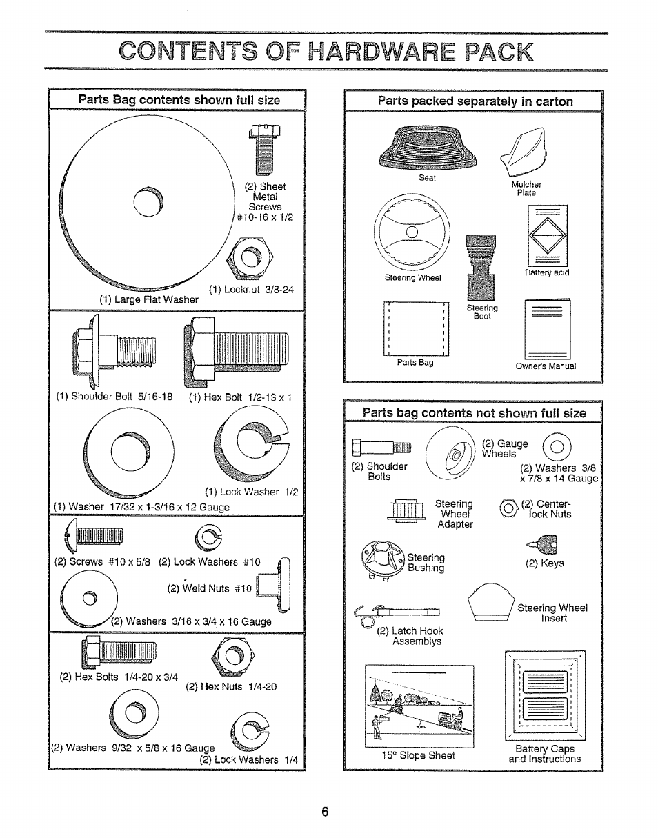 Contents of hardware pack, Parts bag contents shown full size, Parts packed separately in carton | Parts bag contents not shown full size | Craftsman 917.252560 User Manual | Page 6 / 56