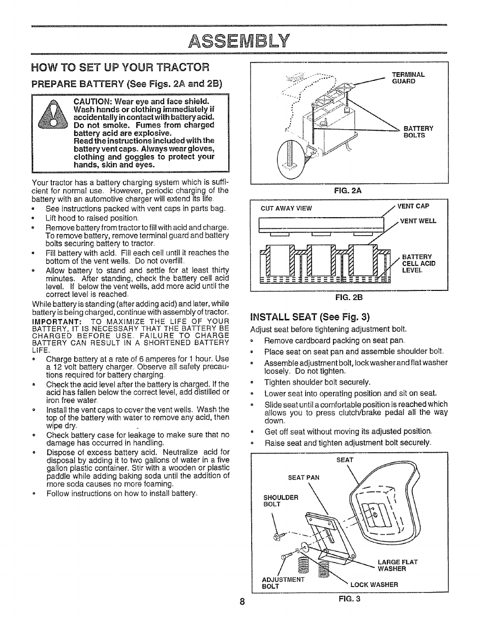 How to set up your tractor, Prepare battery (see figs. 2a arid 2b), Install seat (see fig. 3) | Assembly | Craftsman 917.252560 User Manual | Page 8 / 56