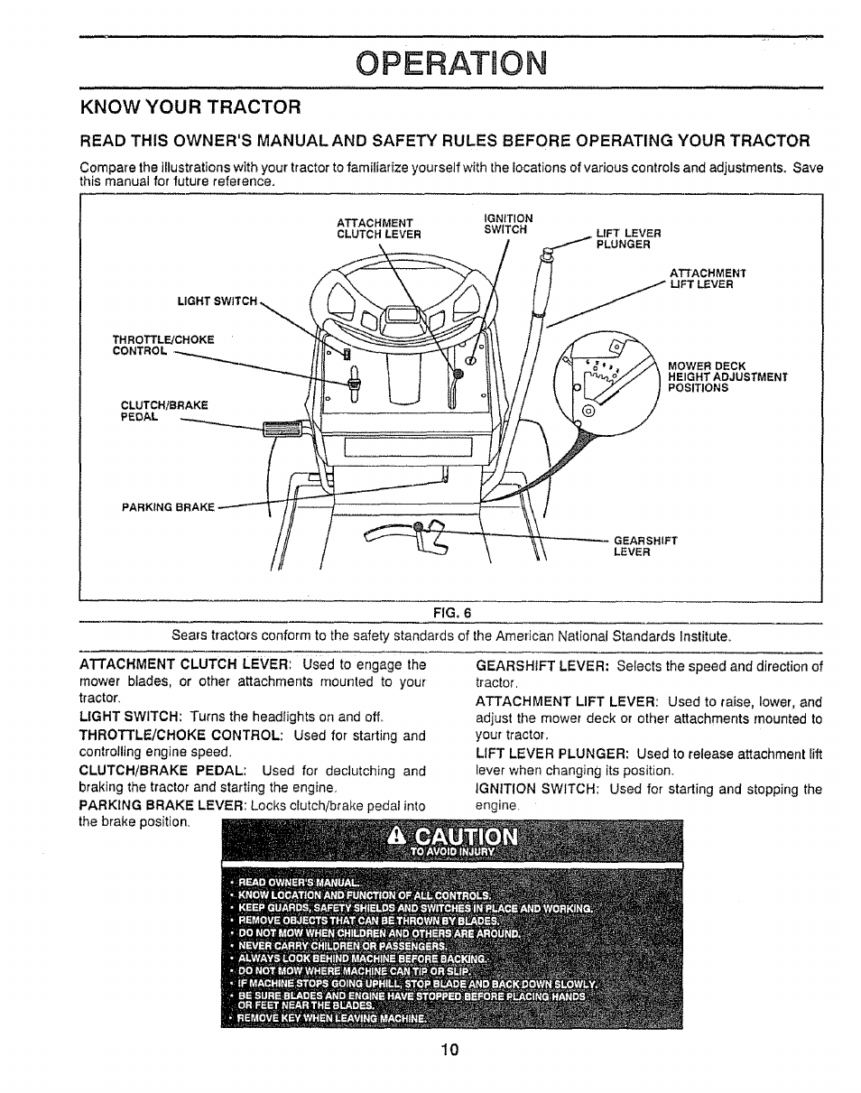 Know your tractor, Operation, A cautio | Craftsman 917.255520 User Manual | Page 10 / 30