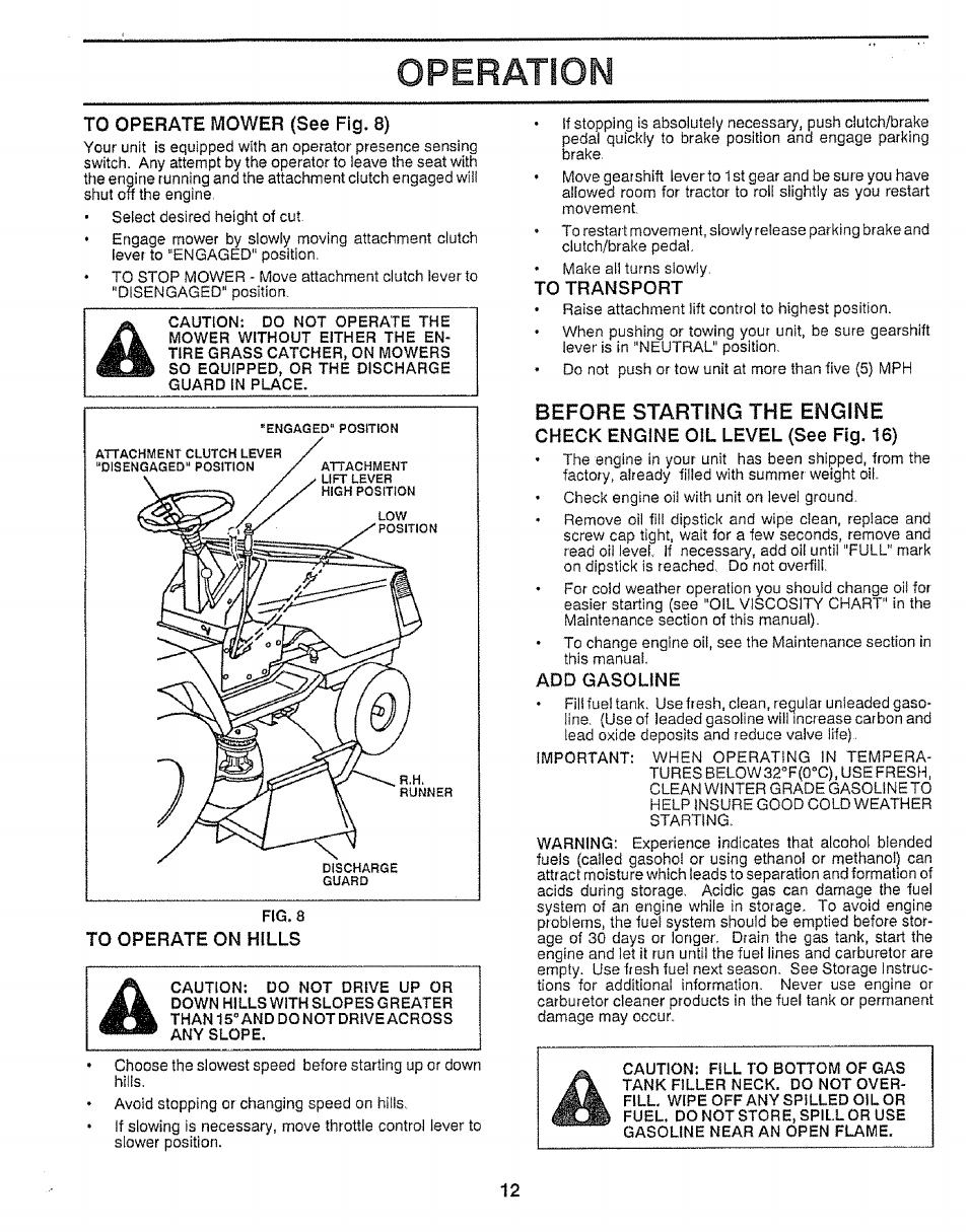 Before starting the engine, Operation | Craftsman 917.255520 User Manual | Page 12 / 30