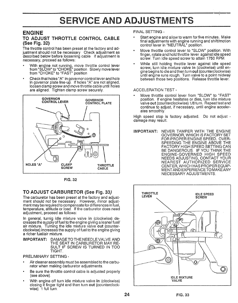 Engine, Service and adjustments | Craftsman 917.255520 User Manual | Page 24 / 30