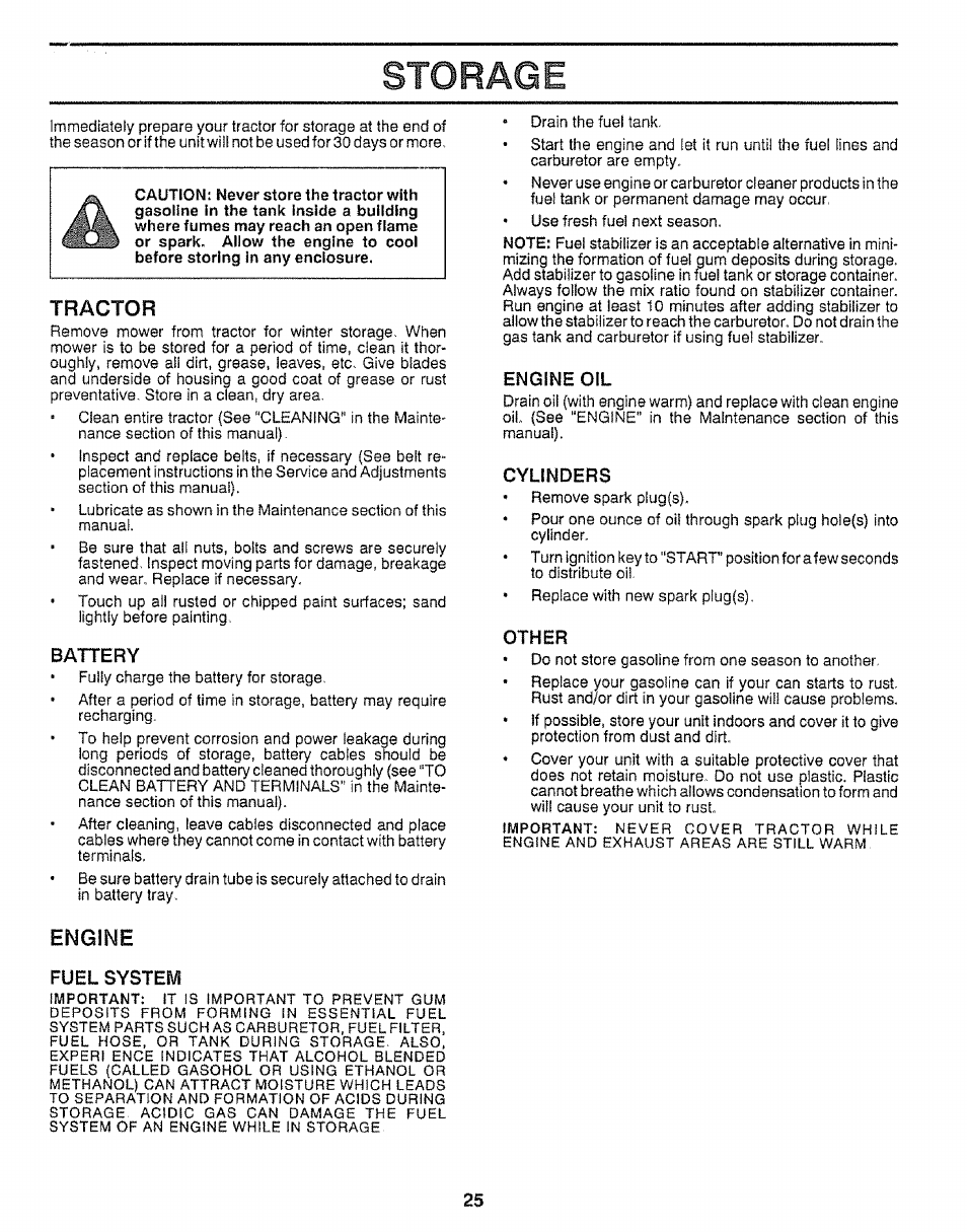 Storage, Tractor, Engine oil | Cylinders, Other, Engine, Fuel system | Craftsman 917.255520 User Manual | Page 25 / 30