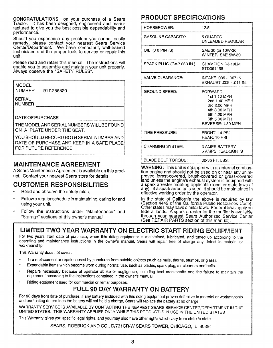 Iviaintenance agreement, Customer responsibilities, Full 90 day warranty on battery | Product, Specifications | Craftsman 917.255520 User Manual | Page 3 / 30
