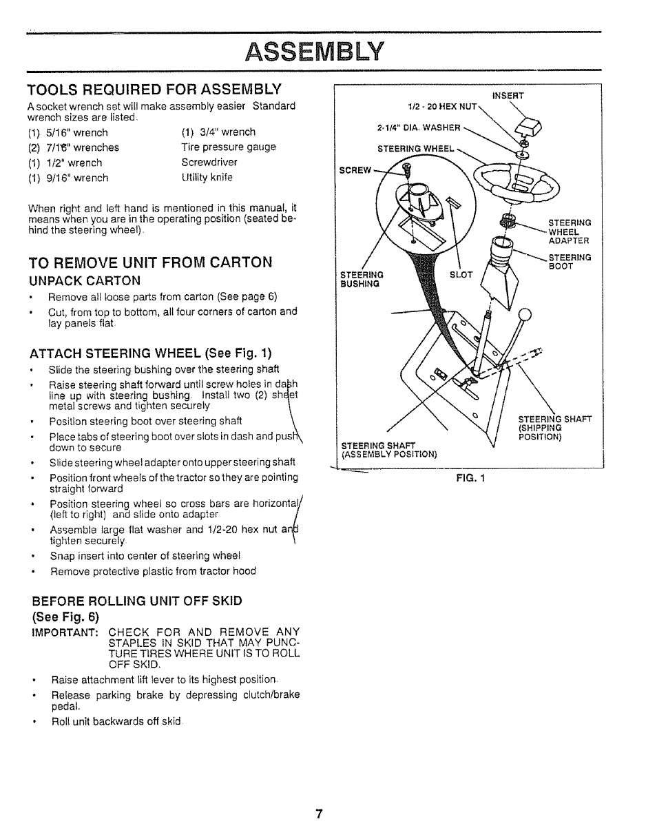 Tools required for assembly, To remove unit from carton, Assembly | Craftsman 917.255520 User Manual | Page 7 / 30