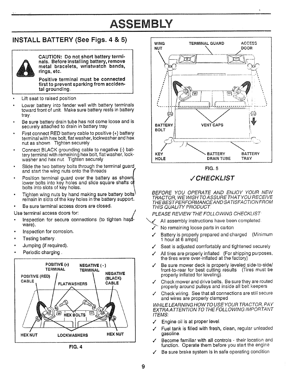 Install battery (see figs. 4 & 5), Assembly, Checklist | Craftsman 917.255520 User Manual | Page 9 / 30